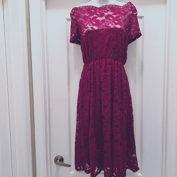 Lace Red/Maroon Off Shoulder Mini Dress-Size Large-Lined-Lightweight-Casual-NWOT - Picture 2 of 16